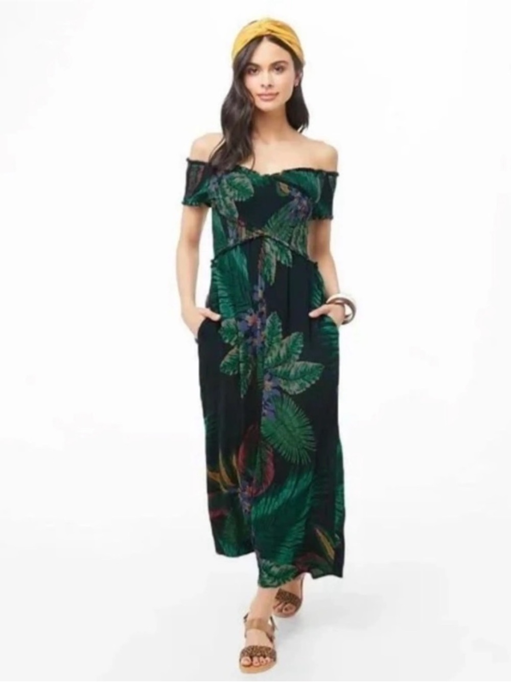 Patrons of Peace Women’s XS Off-Shoulder Tropical Leaf Jumpsuit in Dark Green